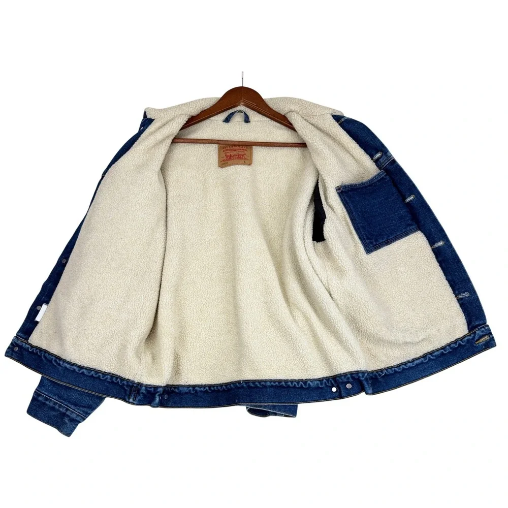 Levi's 70520 Sherpa Lined Denim Trucker Jacket Men's Large Blue Cotton Jean Coat - Picture 4 of 9